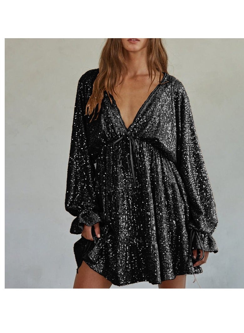 NIBEMINENT فستان مواعدة فضفاض فستان لامع بتفاصيل لامعة على شكل حرف V فستان حفلة مع حمالة مربوطة مظهر أنيق فساتين للنساء بأكمام طويلة - Image 1