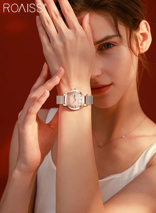 رويس ساعة يد نسائية بسوار من الفولاذ الشبكي بحزام كوارتز بشاشة عرض تناظرية ذات مينا بني دائري مع زخرفة من أحجار الراين ساعة يد فاخرة ومقاومة للماء كهدية للسيدات - Image 2