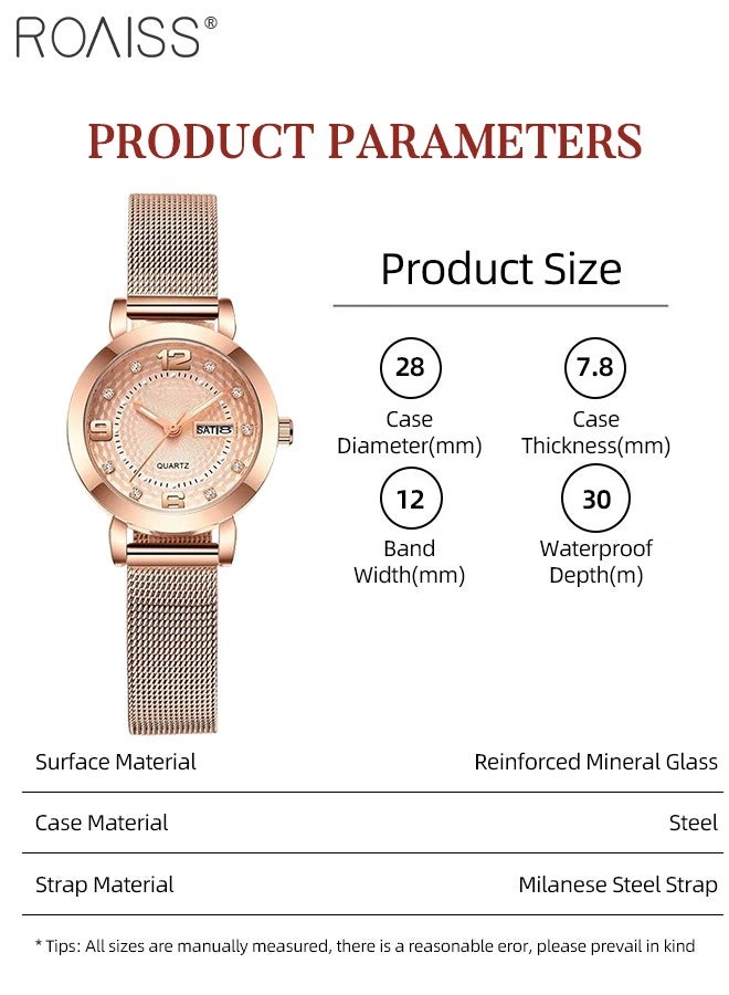 رويس ساعة يد نسائية بسوار من الفولاذ الشبكي بحزام كوارتز بشاشة عرض تناظرية ذات مينا بني دائري مع زخرفة من أحجار الراين ساعة يد فاخرة ومقاومة للماء كهدية للسيدات - Image 3