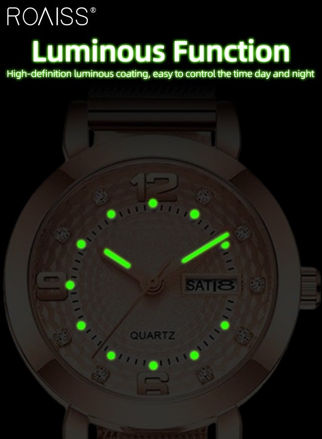 رويس ساعة يد نسائية بسوار من الفولاذ الشبكي بحزام كوارتز بشاشة عرض تناظرية ذات مينا بني دائري مع زخرفة من أحجار الراين ساعة يد فاخرة ومقاومة للماء كهدية للسيدات - Image 5