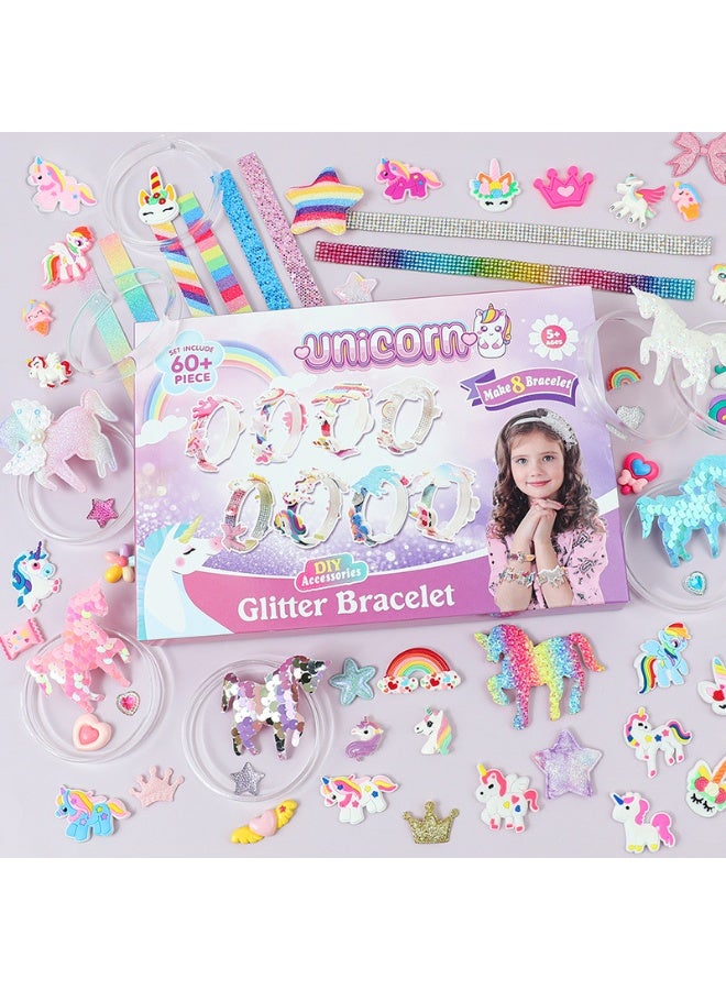 Capstro Glitter Bracelet Kit Unicorn Edition – 8 DIY Unicorn Bracelets with Rainbow Charms, Stars, Glitter Beads & Colorful Pendants – Creative Arts & Crafts Jewelry Kit Gift for Girls Age 5+ - Image 2