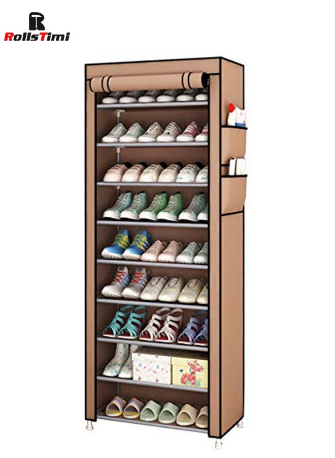 RollsTimi  10 Tiers Simple Shoe Cabinet Shoe Dust Cover Folding Creative Home Shoe Rack with Dustproof Closet Storage Organizer,Coffee - Image 1