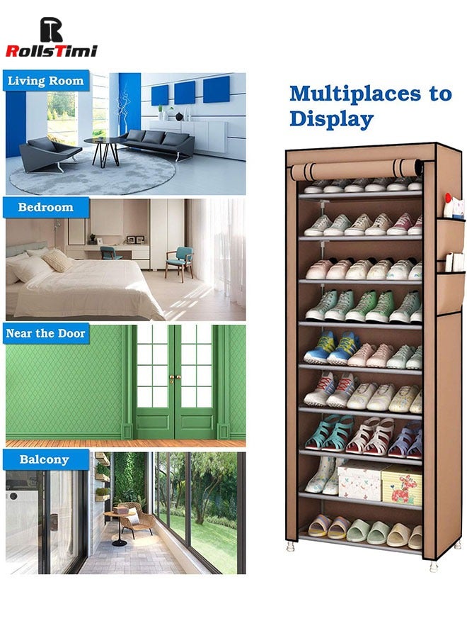 RollsTimi  10 Tiers Simple Shoe Cabinet Shoe Dust Cover Folding Creative Home Shoe Rack with Dustproof Closet Storage Organizer,Coffee - Image 2