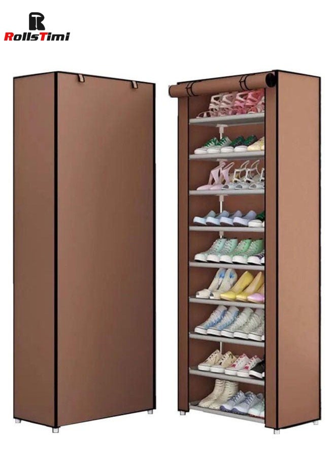 RollsTimi  10 Tiers Simple Shoe Cabinet Shoe Dust Cover Folding Creative Home Shoe Rack with Dustproof Closet Storage Organizer,Coffee - Image 4