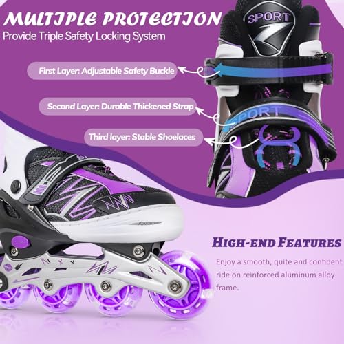 LEJIJIT Adjustable Kids Inline Skates for Girls Boys Children Beginners, Black & Purple Inline Skates with Light Up Wheels for Kids and Youth for Indoor Outdoor Sports (Medium) - Image 3