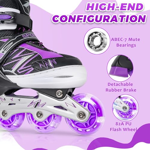 LEJIJIT Adjustable Kids Inline Skates for Girls Boys Children Beginners, Black & Purple Inline Skates with Light Up Wheels for Kids and Youth for Indoor Outdoor Sports (Medium) - Image 4
