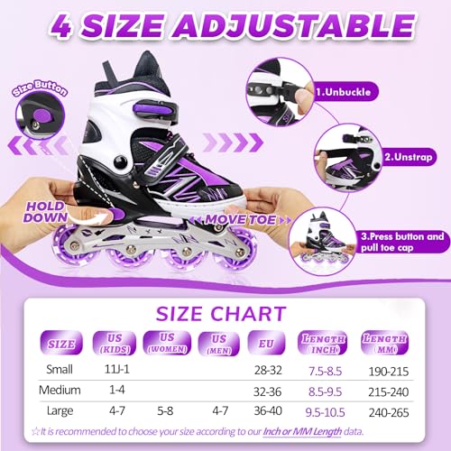 LEJIJIT Adjustable Kids Inline Skates for Girls Boys Children Beginners, Black & Purple Inline Skates with Light Up Wheels for Kids and Youth for Indoor Outdoor Sports (Medium) - Image 2