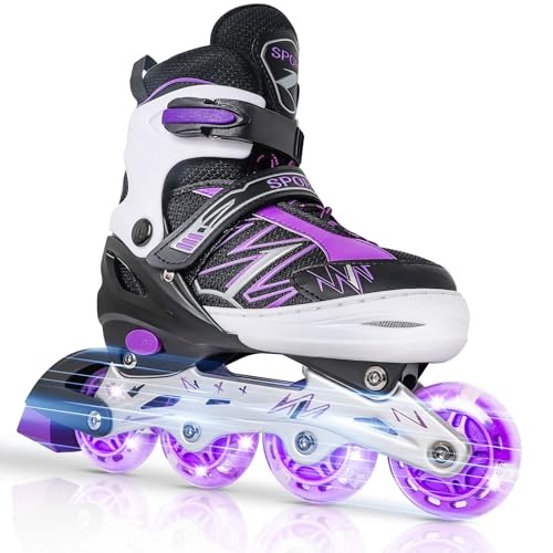 LEJIJIT Adjustable Kids Inline Skates for Girls Boys Children Beginners, Black & Purple Inline Skates with Light Up Wheels for Kids and Youth for Indoor Outdoor Sports (Medium) - Image 1