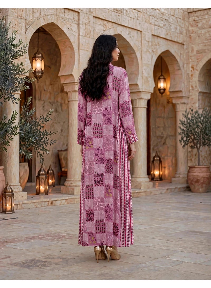 IKKXA Traditional Mosaic Print Maxi Jalabiya IK218Pink - Image 5