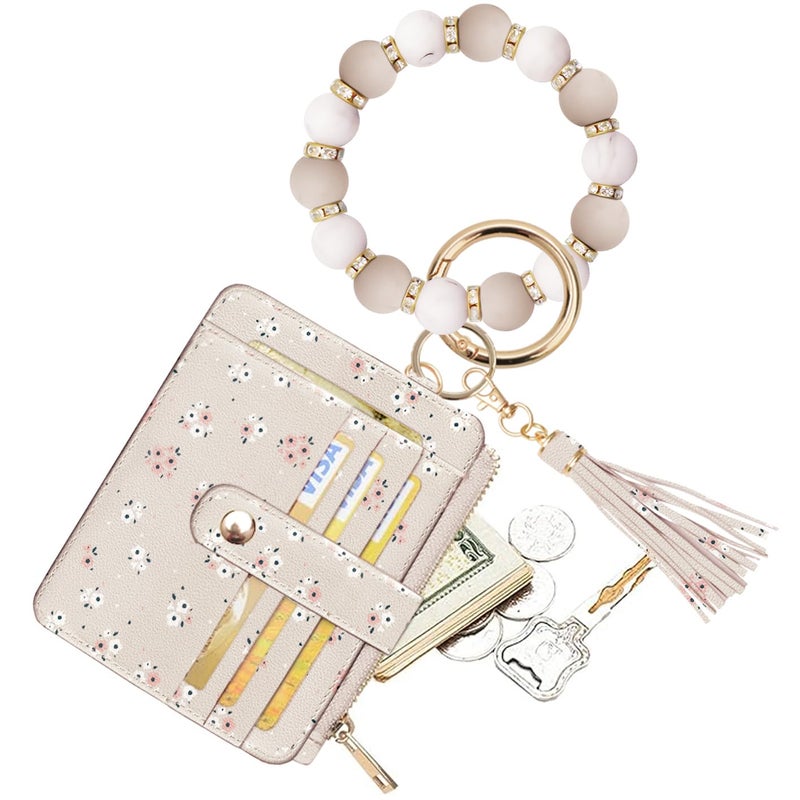 COOLANS Wristlet Bracelet Keychain Pocket Credit Card Holder Purse Tassel Keychain Bangle Key Ring for Women (Silicone & Shiny Bead+Card Purse (Creamy white)) - Image 1