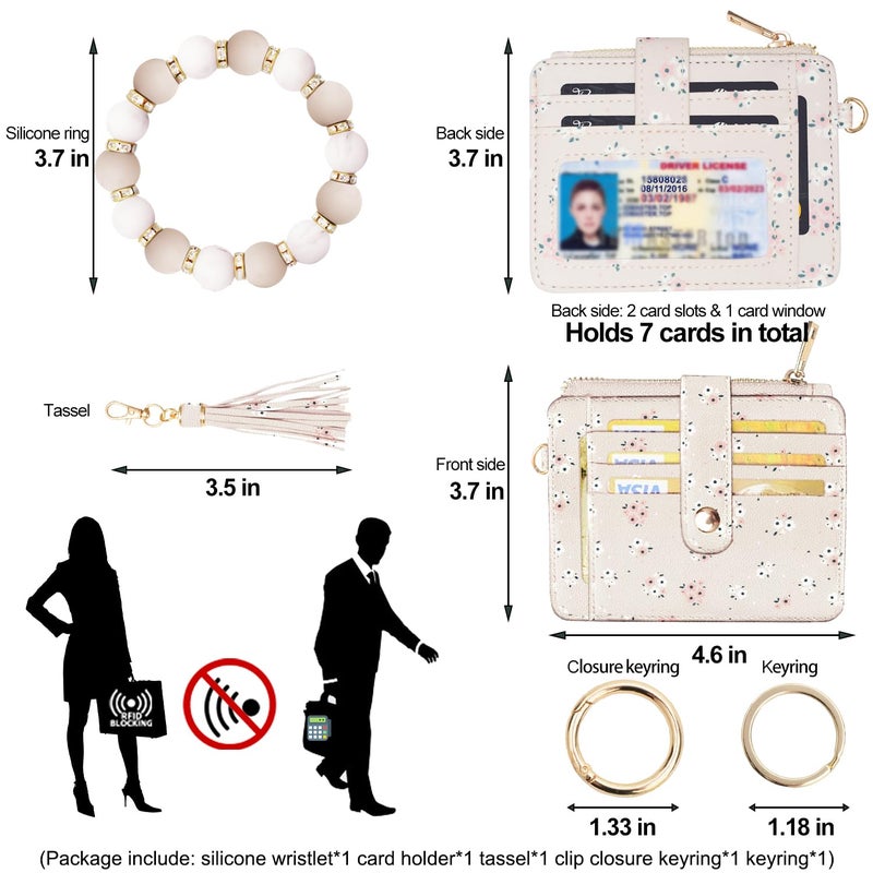 COOLANS Wristlet Bracelet Keychain Pocket Credit Card Holder Purse Tassel Keychain Bangle Key Ring for Women (Silicone & Shiny Bead+Card Purse (Creamy white)) - Image 2