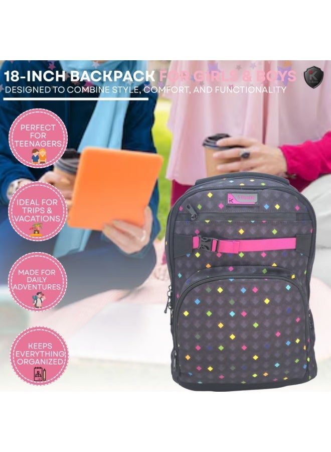 آي-كولا حقيبة ظهر DIAMOND DOTS للشباب مقاس 18 بوصة للبنات والأولاد - حقيبة مقاومة للماء بثلاثة أقسام مع طباعة على المنضدة (IK953-8BP) - Image 3