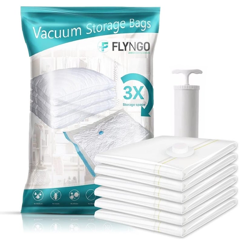FLYNGO Reusable Ziplock Vacuum Storage Space Saver Bags for Clothes with Travel Hand Pump - Pack of 5 (60cmx80cm) (Large - Pack of 5) - Image 1