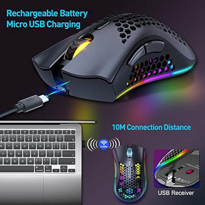 rayihni WIRELESS GAMING MOUSE, COMPUTER MOUSE WITH HONEYCOMB SHELL, 7 PROGRAMMED BUTTONS, 3 ADJUSTABLE DPI, USB RECEIVER, PORTABLE ERGONOMIC OPTICAL RGB FOR LAPTOP PC/MAC, BLACK - Image 2