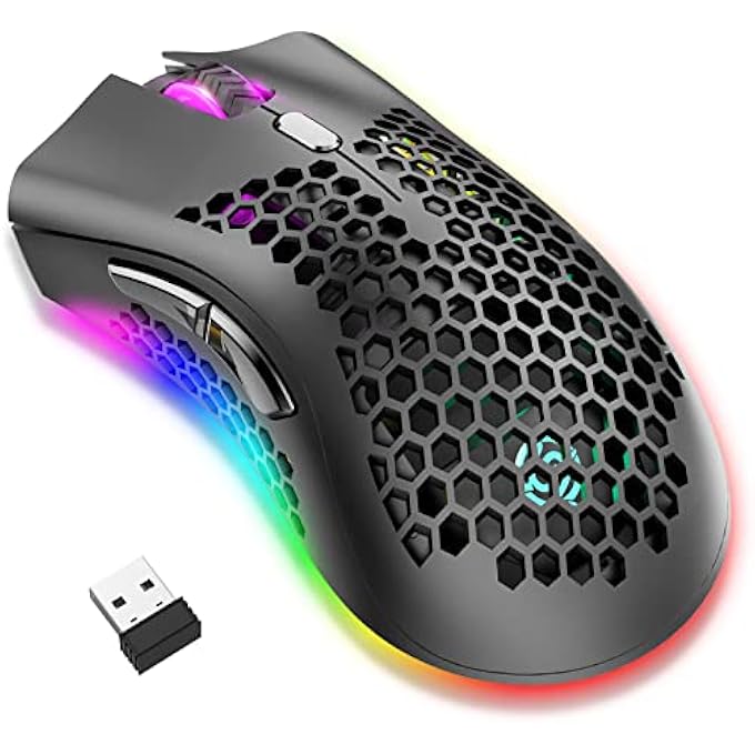 rayihni WIRELESS GAMING MOUSE, COMPUTER MOUSE WITH HONEYCOMB SHELL, 7 PROGRAMMED BUTTONS, 3 ADJUSTABLE DPI, USB RECEIVER, PORTABLE ERGONOMIC OPTICAL RGB FOR LAPTOP PC/MAC, BLACK - Image 1