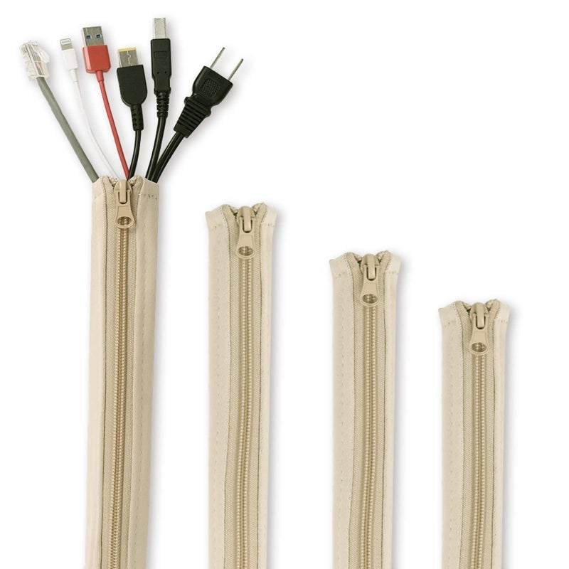 StangH Cable Management Sleeve Organizer - 19 Inch Home and Office Zip-up Cable Sleeve Wire Organizer Flexible Cord Concealer Wrap, Electrical Cord Covers for TV/Computer/Desk, 4 Pieces -Beige - Image 2
