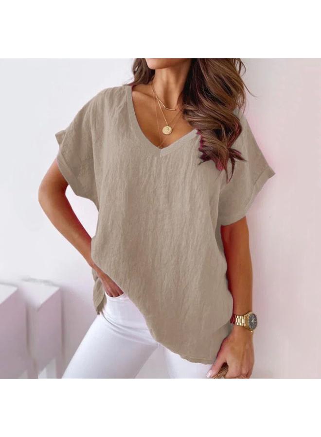 Summer European And American Popular Plus Size Women's Clothing Solid Color V-neck Cotton And Linen Casual Bat Short Sleeve T-shirt For Women