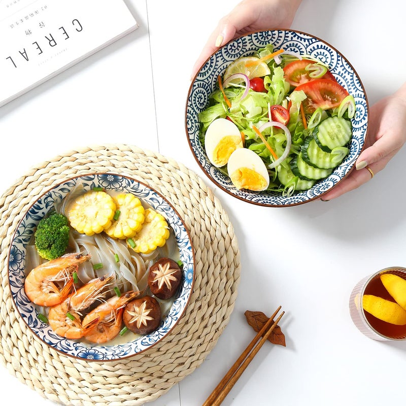 YALONG 8 Inch 40 Ounce Ceramic Bowls for Kitchen Deep Soup Pho Bowls  Blue White Large Porcelain Salad Bowls Set for Ramen Pasta Cereal Dessert Stackable Deep Noodle Serving Bowls Set of 4 - Image 4