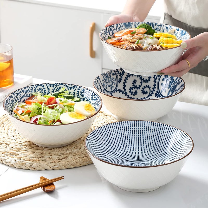 YALONG 8 Inch 40 Ounce Ceramic Bowls for Kitchen Deep Soup Pho Bowls  Blue White Large Porcelain Salad Bowls Set for Ramen Pasta Cereal Dessert Stackable Deep Noodle Serving Bowls Set of 4 - Image 5
