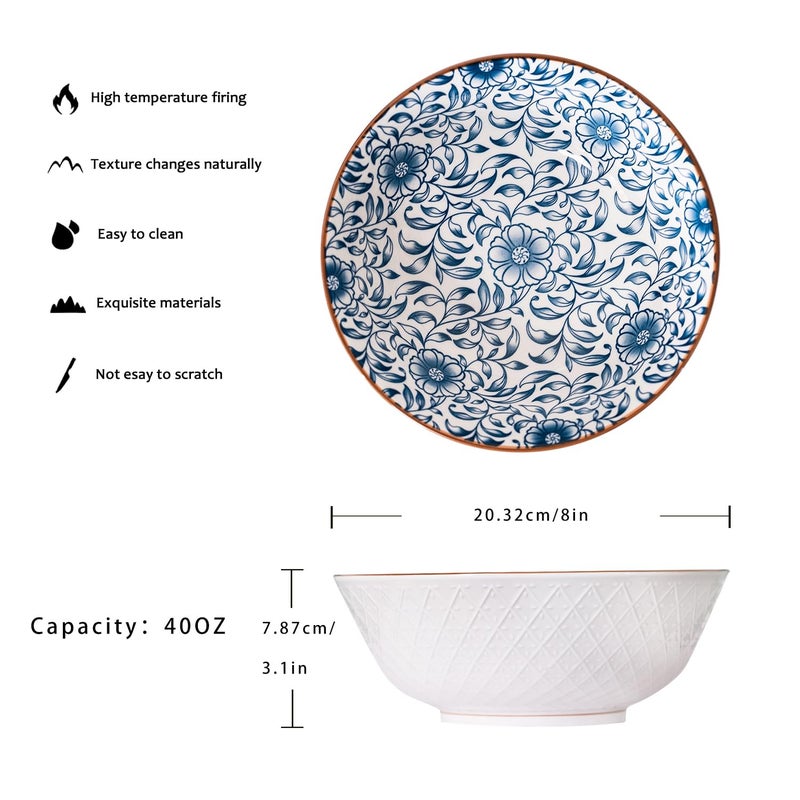 YALONG 8 Inch 40 Ounce Ceramic Bowls for Kitchen Deep Soup Pho Bowls  Blue White Large Porcelain Salad Bowls Set for Ramen Pasta Cereal Dessert Stackable Deep Noodle Serving Bowls Set of 4 - Image 2