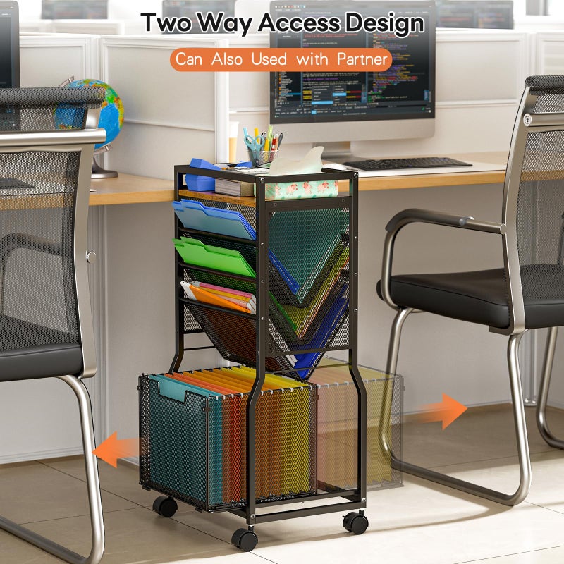 DAOUTIME 8 Tier Rolling File Cart with Hanging File Folder Organizer, Mobile File Organizer with 2 Sides Access Bookcase, Beside/Under Desk Cart with Wheels for Office Home School - Image 3