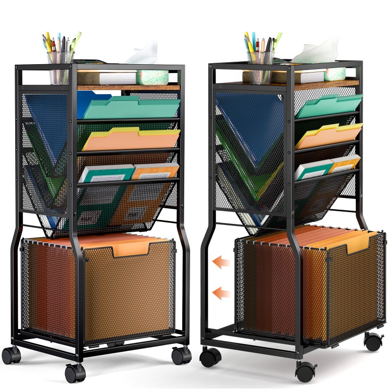 DAOUTIME 8 Tier Rolling File Cart with Hanging File Folder Organizer, Mobile File Organizer with 2 Sides Access Bookcase, Beside/Under Desk Cart with Wheels for Office Home School - Image 1