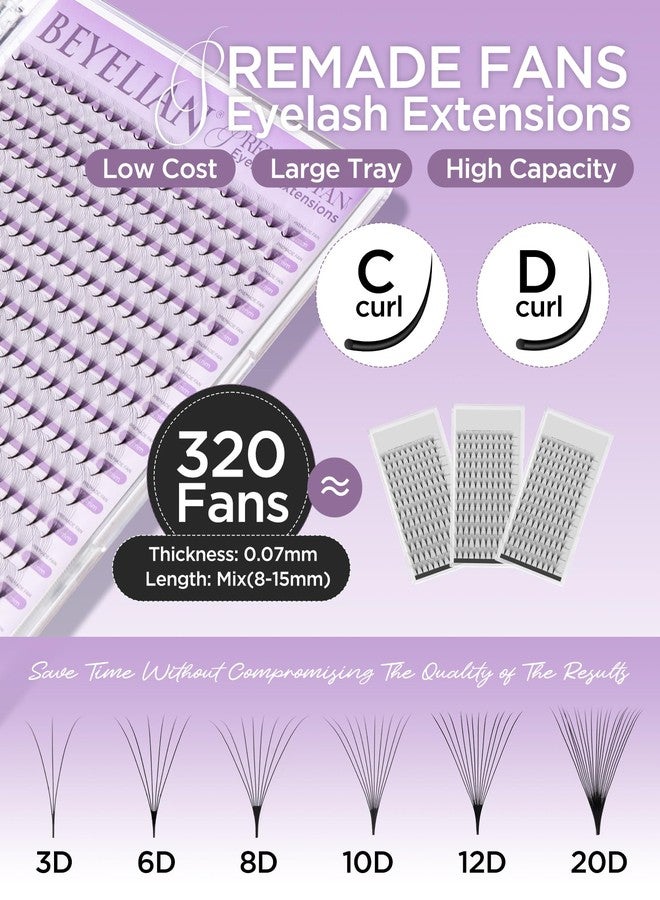 BEYELIAN Premade Lash Fans, 320 Fans Pre Made Fans Volume Lash Extensions 3D 6D 8D 10D 12D 20D 0.07 C/D Curl Save Time Eyelash Extensions for Professional Salon, 8-15mm MIX Easy to Use (10D-0.07-D) - Image 5