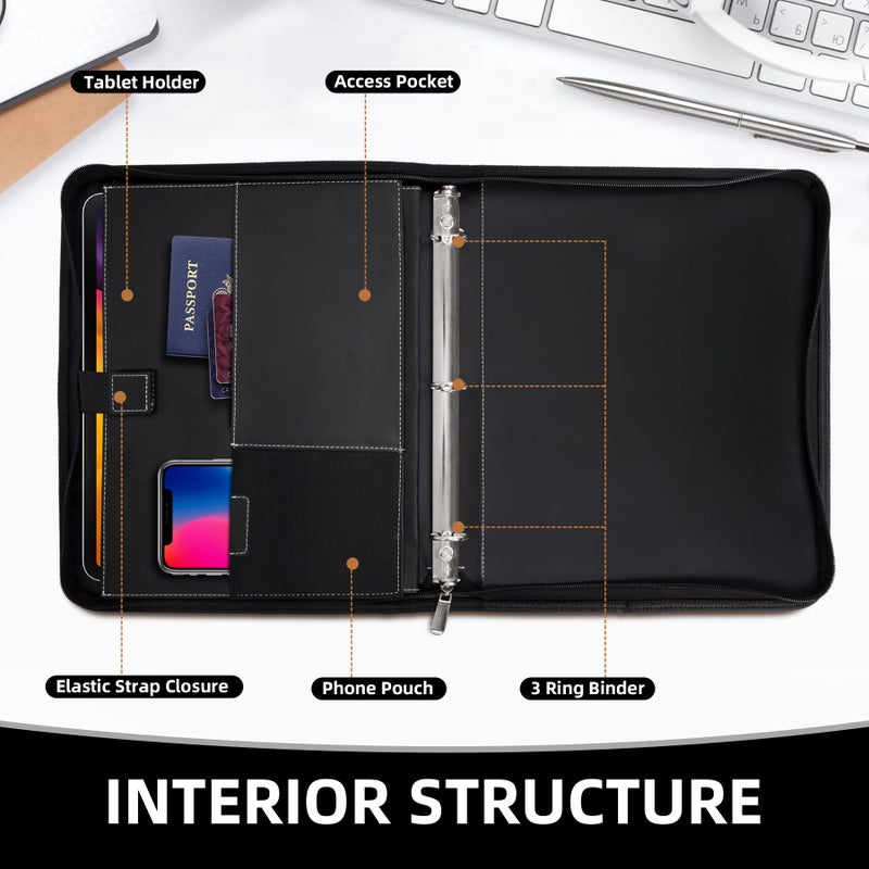 Antner Zipper Portfolio Binder Padfolio 3 Ring Binder 1 Inch Professional Faux Leather Document Organizer Folio for Tablet, Phone, and 8.5x11 Documents, Resumes, Presentation Folders for Men & Women - Image 4