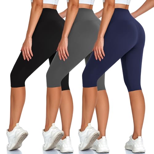 Hi Clasmix High Waisted 3 Pack Women's Capri Pants - Knee Length Yoga Shorts, Biker Workout Leggings for Women,Summer Activewear Black/Grey/Navy - Image 1