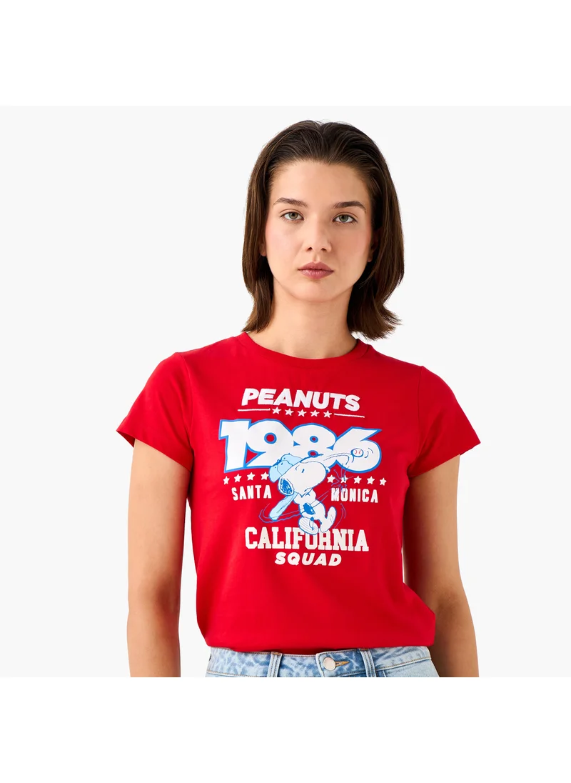 اس بي كاركترز Peanuts Snoopy Print Crew Neck T-shirt with Short Sleeves