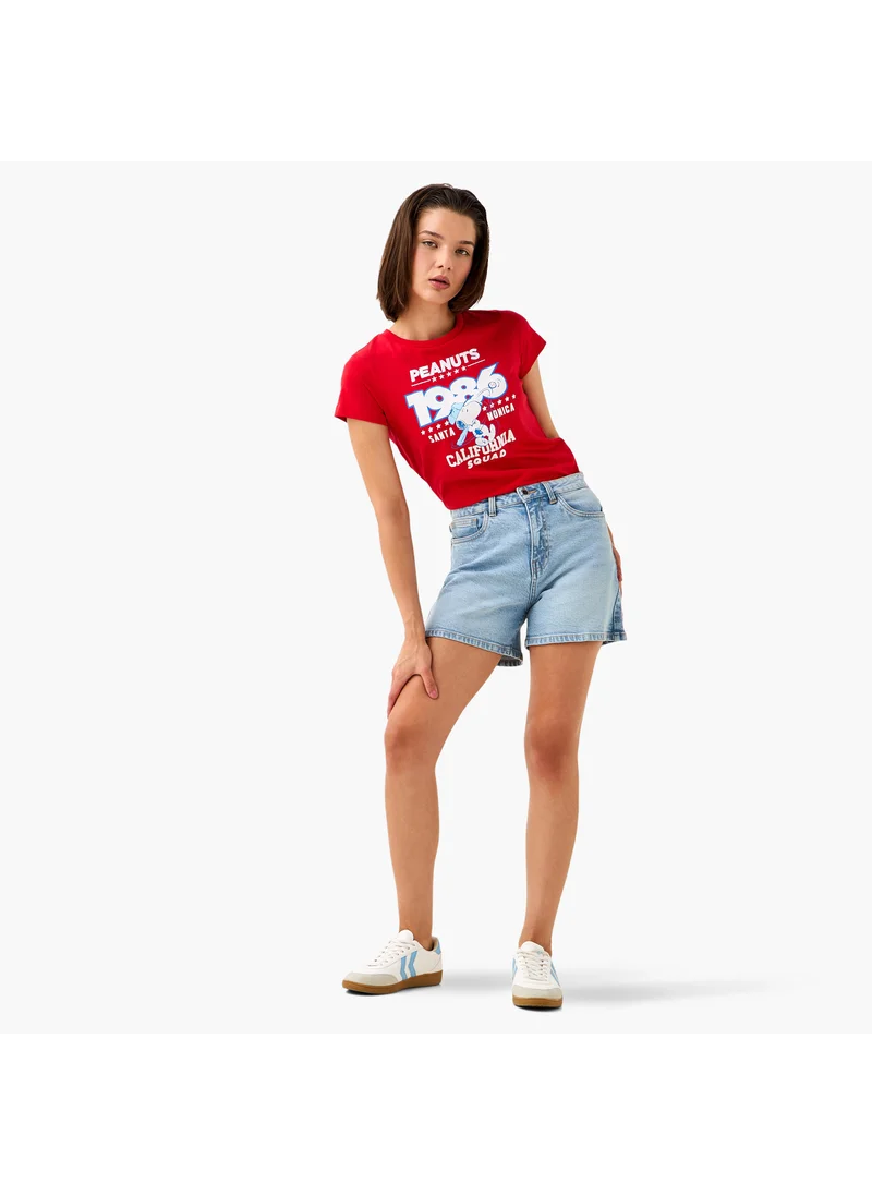 اس بي كاركترز Peanuts Snoopy Print Crew Neck T-shirt with Short Sleeves