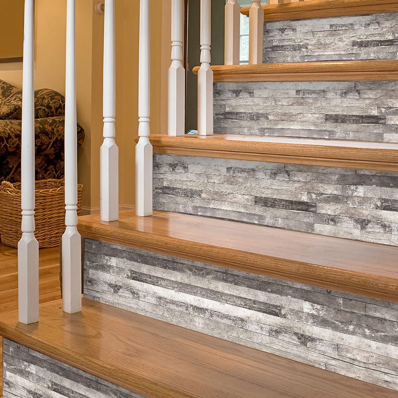 funlife 14 Strips Stair Risers Stickers, Peel and Stick Vinyl Staircase Sticker Decals Decor for Stair Steps, 39.37"x7.09", Ash Grey Wood Grain - Image 1