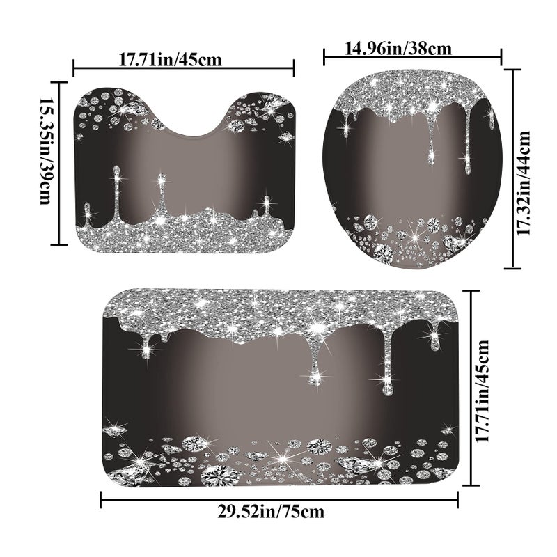 Hadint 4 Pcs Glitter Diamond Shower Curtain Sets, Black Silver Shiny Drips Bath Decor with Mat and Toilet Lid Cover, Deep Grey Luxury Texture Colorful Bling Modern Bathroom Curtain with 12 Hooks, 72 x 72 in - Image 3