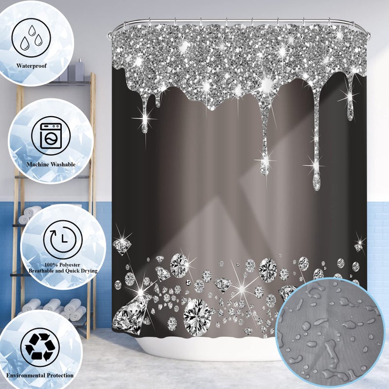 Hadint 4 Pcs Glitter Diamond Shower Curtain Sets, Black Silver Shiny Drips Bath Decor with Mat and Toilet Lid Cover, Deep Grey Luxury Texture Colorful Bling Modern Bathroom Curtain with 12 Hooks, 72 x 72 in - Image 5