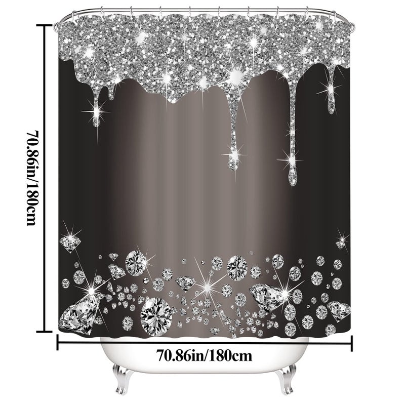 Hadint 4 Pcs Glitter Diamond Shower Curtain Sets, Black Silver Shiny Drips Bath Decor with Mat and Toilet Lid Cover, Deep Grey Luxury Texture Colorful Bling Modern Bathroom Curtain with 12 Hooks, 72 x 72 in - Image 2