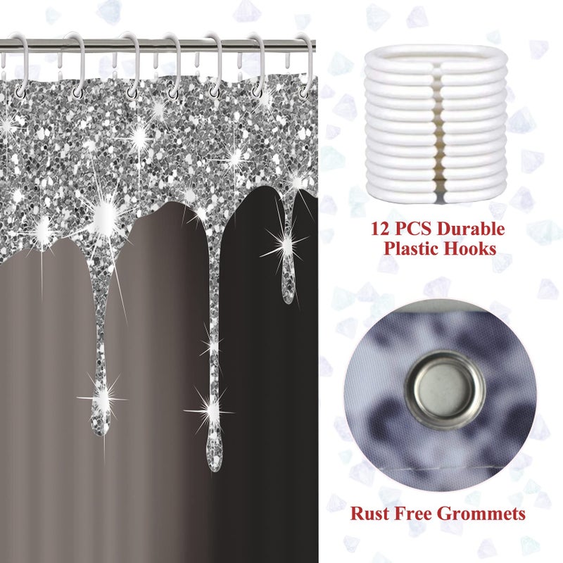 Hadint 4 Pcs Glitter Diamond Shower Curtain Sets, Black Silver Shiny Drips Bath Decor with Mat and Toilet Lid Cover, Deep Grey Luxury Texture Colorful Bling Modern Bathroom Curtain with 12 Hooks, 72 x 72 in - Image 4