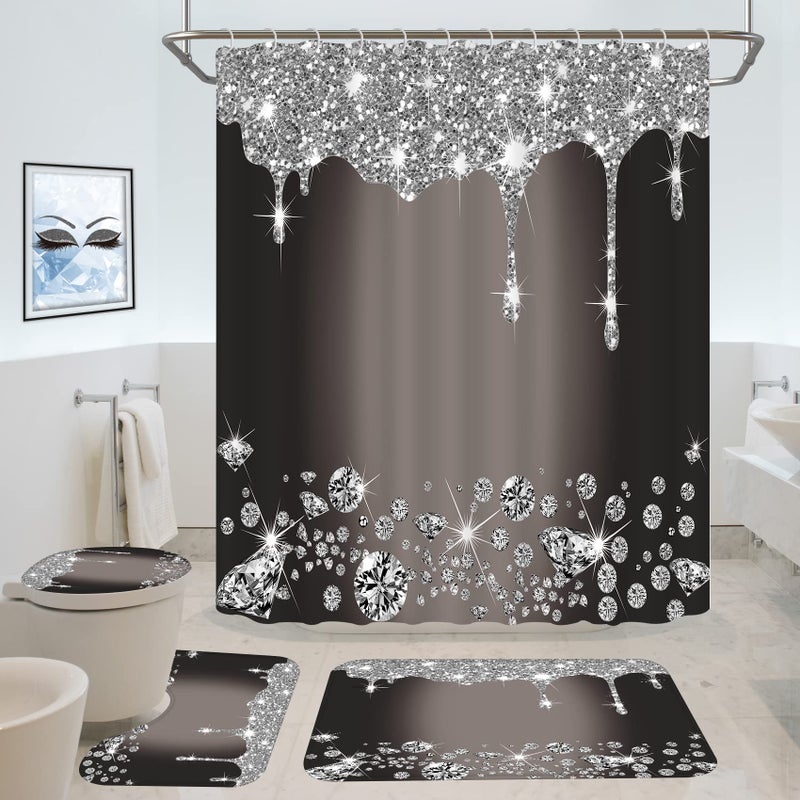 Hadint 4 Pcs Glitter Diamond Shower Curtain Sets, Black Silver Shiny Drips Bath Decor with Mat and Toilet Lid Cover, Deep Grey Luxury Texture Colorful Bling Modern Bathroom Curtain with 12 Hooks, 72 x 72 in - Image 1