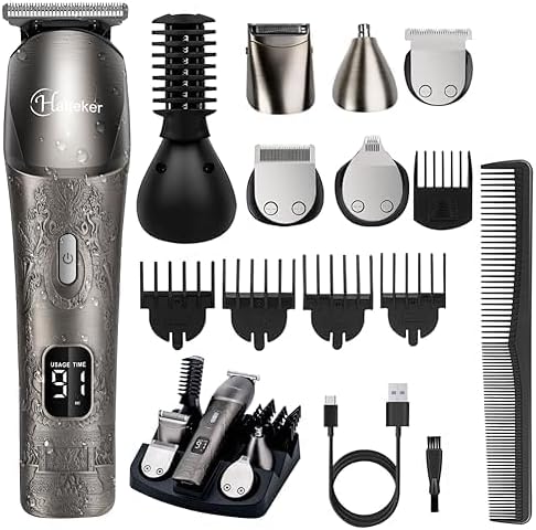 Hatteker Beard Trimmer Men Hair Clipper Hair Trimmer Waterproof Electric Razor Shaving Grooming Kit with Mustache Face Nose Body 6 in 1