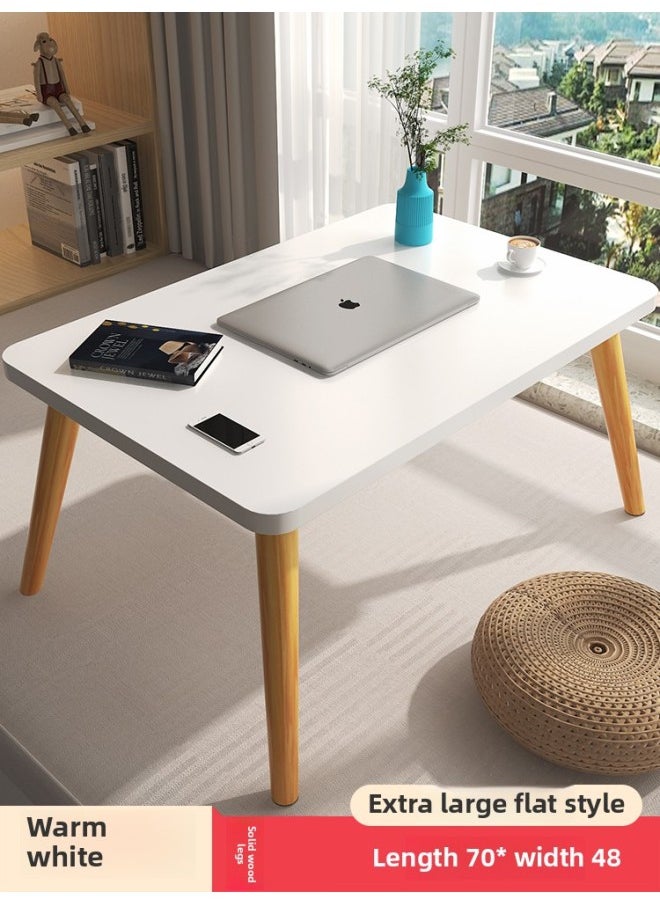 Solid Wood Leg Bed Small Table Home Bedroom Bay Window Learning Writing Office Simple Desk Lazy Computer Table-Color:70*48*30cm [solid Wood Legs] Pearl White  - Image 1