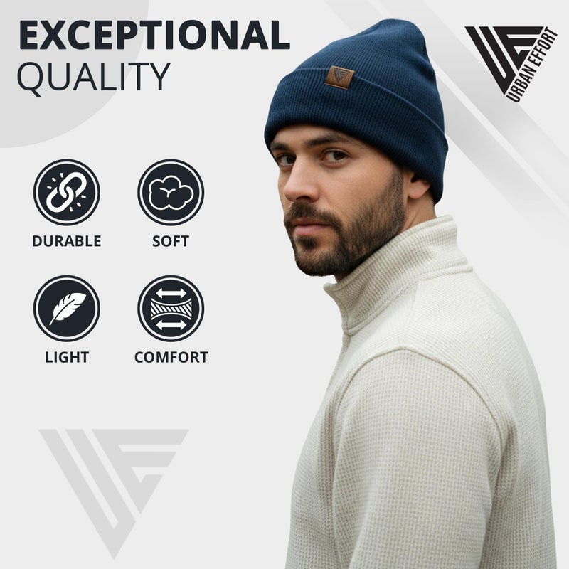 Urban Effort Unisex Knit Beanie â€“ Warm Acrylic Cuffed Winter Hat for Men & Women, Soft Stretch Fit, Classic Streetwear Style (Navy Blue) - Image 3