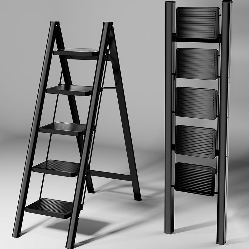 Folding Ladder 5 Steps, Black, 145.5cm Height, 42cm Width, Metal, Home Use - Image 1