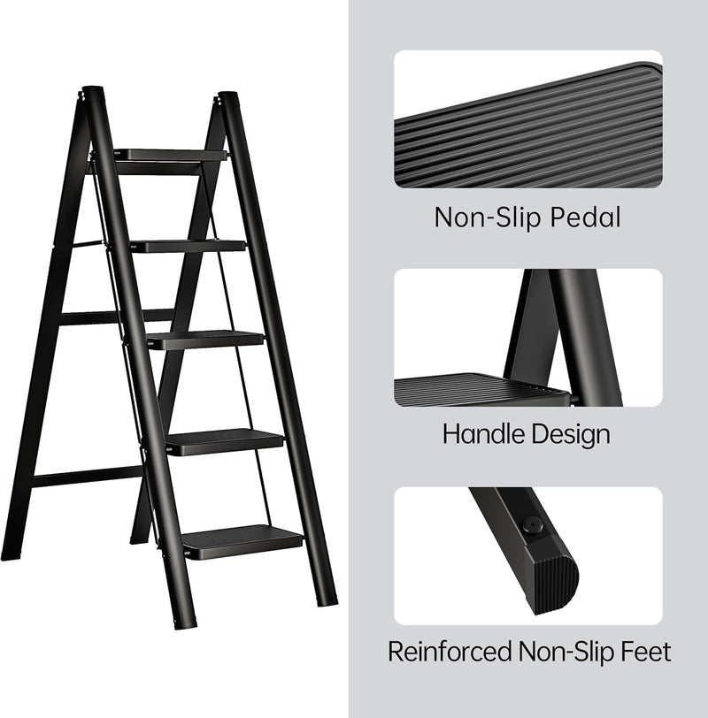 Folding Ladder 5 Steps, Black, 145.5cm Height, 42cm Width, Metal, Home Use - Image 2
