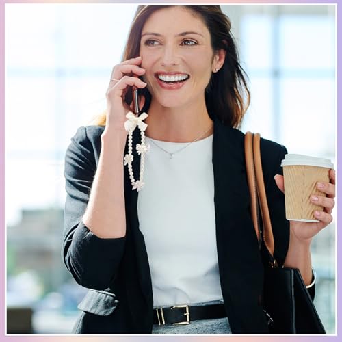Draupnir سلسلة هواتف دروبنير 4 قطع، حزام كاميرا على شكل فراشة، سوار هاتف مزخرف، حزام معصم، سلسلة مفاتيح لؤلؤة للنساء، أبيض - Image 5