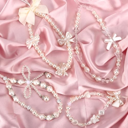 Draupnir سلسلة هواتف دروبنير 4 قطع، حزام كاميرا على شكل فراشة، سوار هاتف مزخرف، حزام معصم، سلسلة مفاتيح لؤلؤة للنساء، أبيض - Image 3