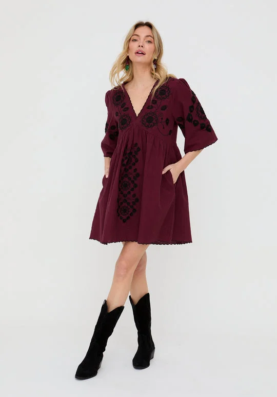 رافاي Arabella V- Neck Embroidered Mini Dress In Burgundy