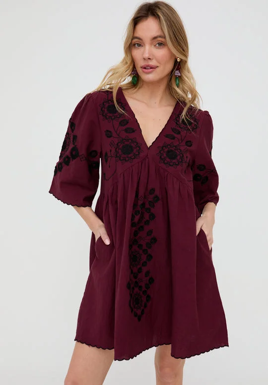 رافاي Arabella V- Neck Embroidered Mini Dress In Burgundy