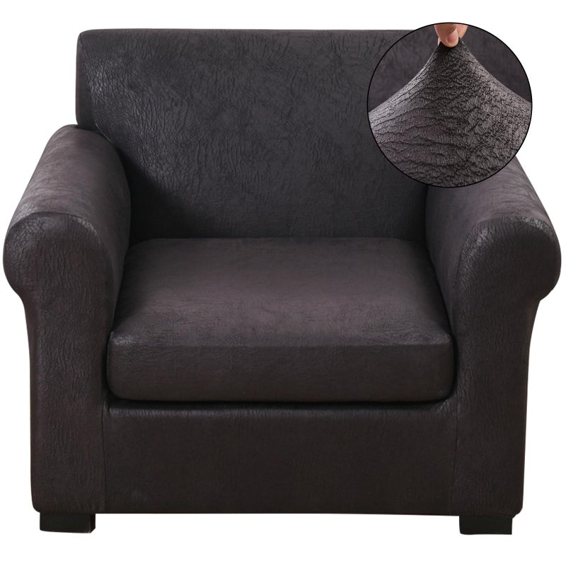 FUANGUI 2 Piece Chair Covers Stretch Arm Covers Chair Couch Covers, Faux Leather Looking Armchair Slipcover with Separate Chair Cushion Cover, Washable Chair Protector for Living Room - Black - Image 1