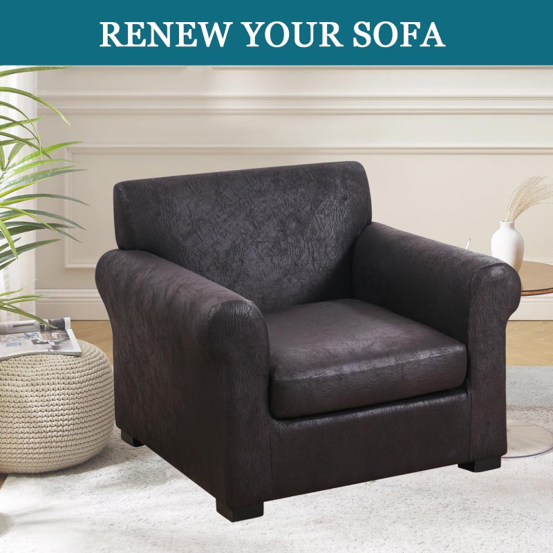 FUANGUI 2 Piece Chair Covers Stretch Arm Covers Chair Couch Covers, Faux Leather Looking Armchair Slipcover with Separate Chair Cushion Cover, Washable Chair Protector for Living Room - Black - Image 5