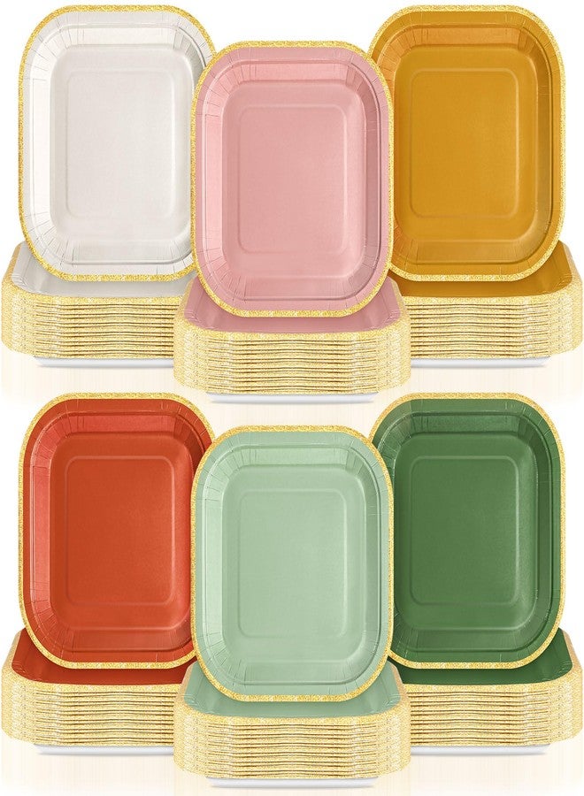 Tiangrid 120 Pcs Boho Paper Plates 7 Inch Colored Party Disposable Square Dinner Dessert Plates with Gold Edge for Birthday Wedding Bridal Baby Shower Party Supplies, 6 Colors - Image 1