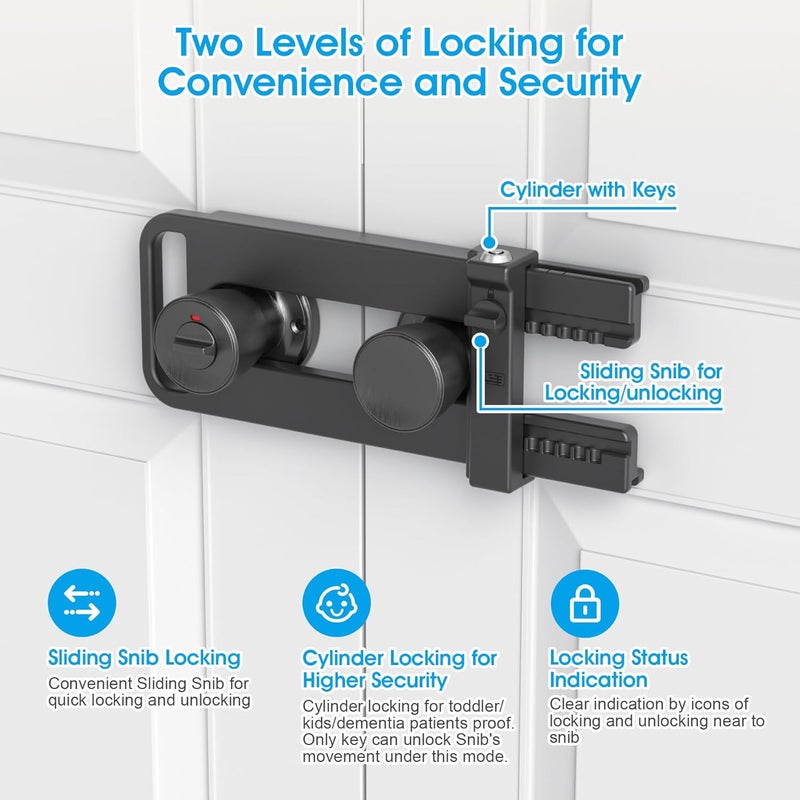 AST Double Door Security Lock, Keyed French Door Lockout Device, Reinforcement Lock for Knobs and Handle, Prevent Kick Ins, Childproof, Kids Proof Barricade (Matte Black with Snib and Cylinder) - Image 2